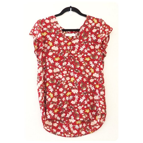 LOFT Red Floral Tulip Sleeve Blouse sz S - Picture 1 of 4